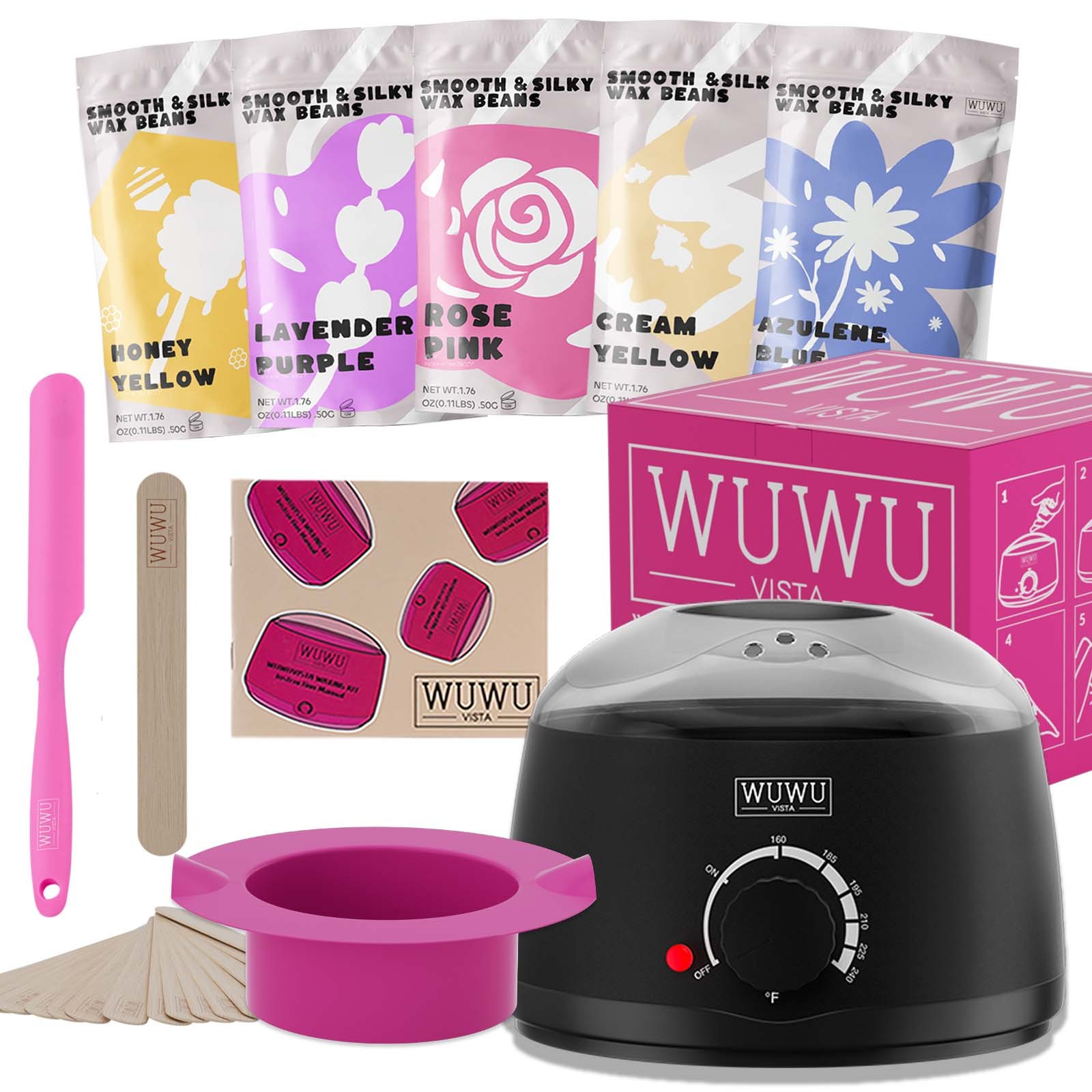 0b63d271-3221-4b2f-8a9d-769df17536e0.jpg Waxing Kit 19 Items, WUWUVISTA Hair Removal Wax Kit With Wax Melt Warmer Waxing Beads For Face, Brazilian, Full Body, Bikini Suitable For Plugs Of American & European Specifications - Image 5