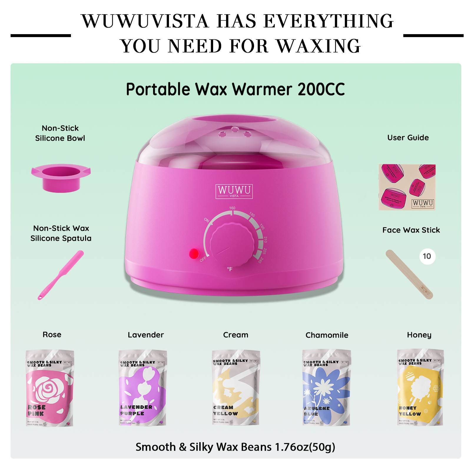 78f19d0c-31c9-4735-87e1-dccbcc84d61e.jpg Waxing Kit 19 Items, WUWUVISTA Hair Removal Wax Kit With Wax Melt Warmer Waxing Beads For Face, Brazilian, Full Body, Bikini Suitable For Plugs Of American & European Specifications - Image 7