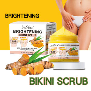 Brightening And Rejuvenating Kojic Acid Turmeric Scrub, Gently lightens dark spots near intimate areas, Visibly brightens the bikini line & inner thighs