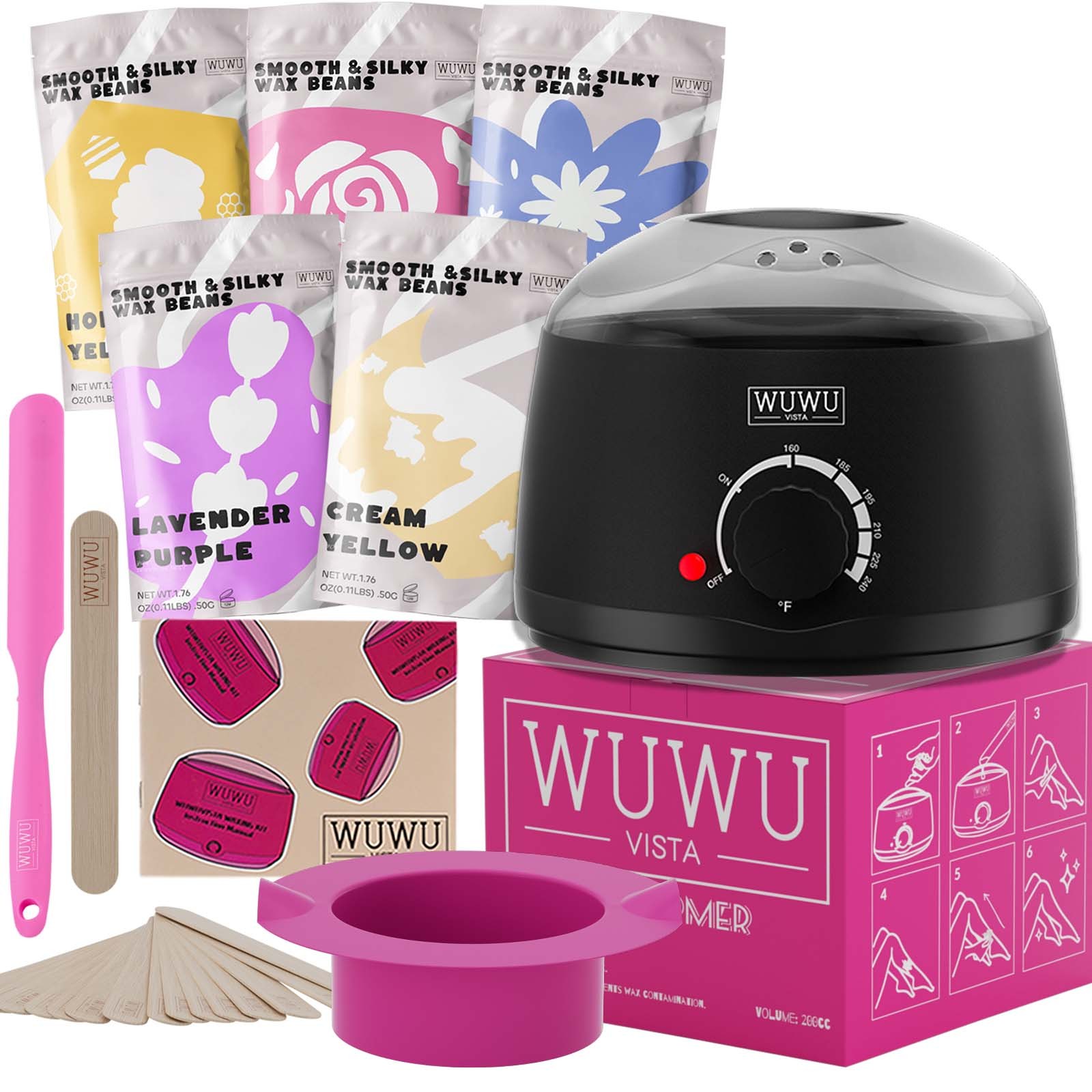 024da789-394d-4b22-8461-8b7b926c8084.jpg Waxing Kit WUWUVISTA Hair Removal Wax Kit Wax Melt Warmer Waxing Beads For Face, Brazilian, Full Body, Bikini 19 Items - Image 6