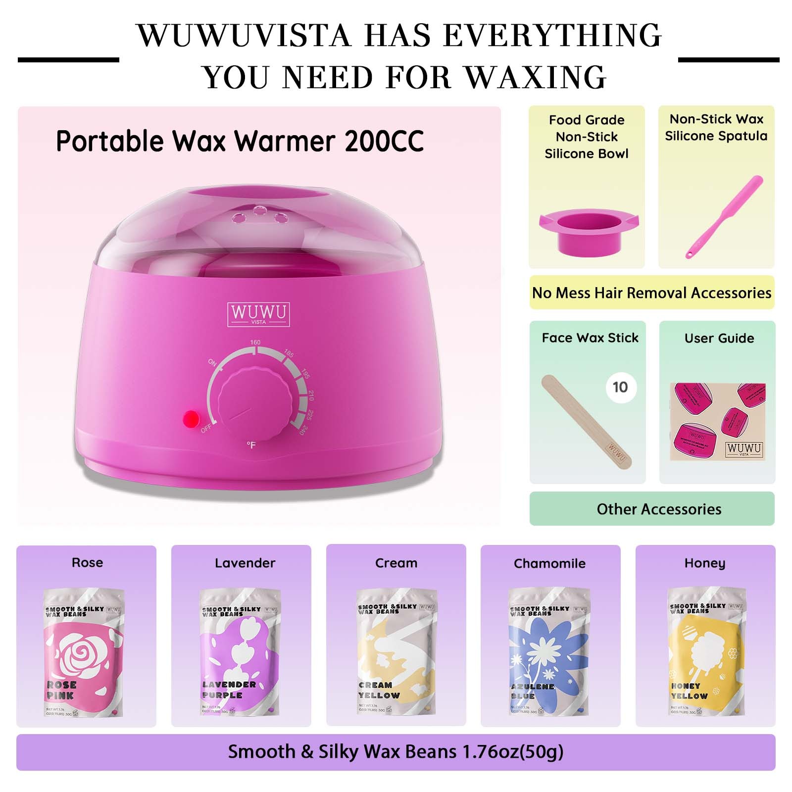 d1ecc6d1-0bd9-4c3b-853d-16ca7c430829.jpg Waxing Kit WUWUVISTA Hair Removal Wax Kit Wax Melt Warmer Waxing Beads For Face, Brazilian, Full Body, Bikini 19 Items - Image 2
